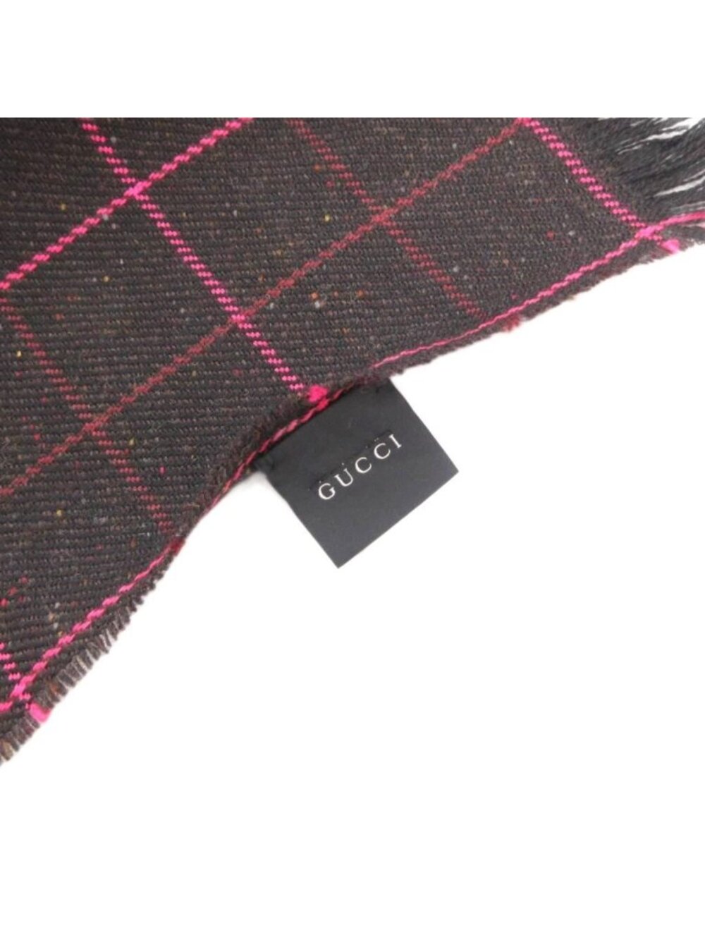 Gucci Scarf Shawl Wool Plaid Fringe Black Pink - Picture 7 of 7